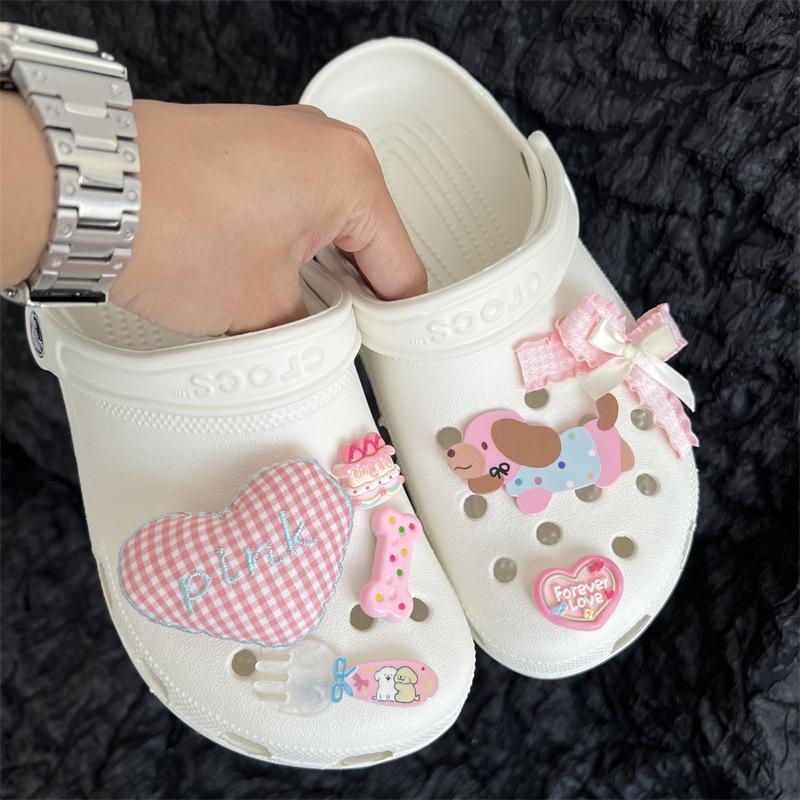 Pink Grid, Heart-shaped Hole Shoe Buckle, Cartoon, DIY Accessory, Cute Bow, Detachable Shoe Flower, Decorative Accessories