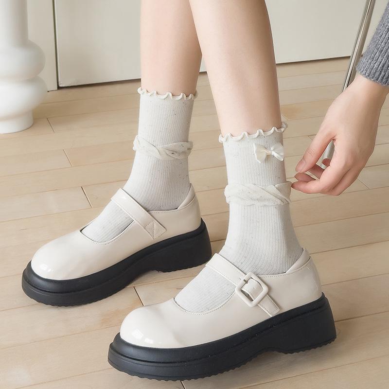 Women's Mid-Calf Bow White Socks - Spring/Summer Solid Color, Japanese Trend, Scrunched & Boneless