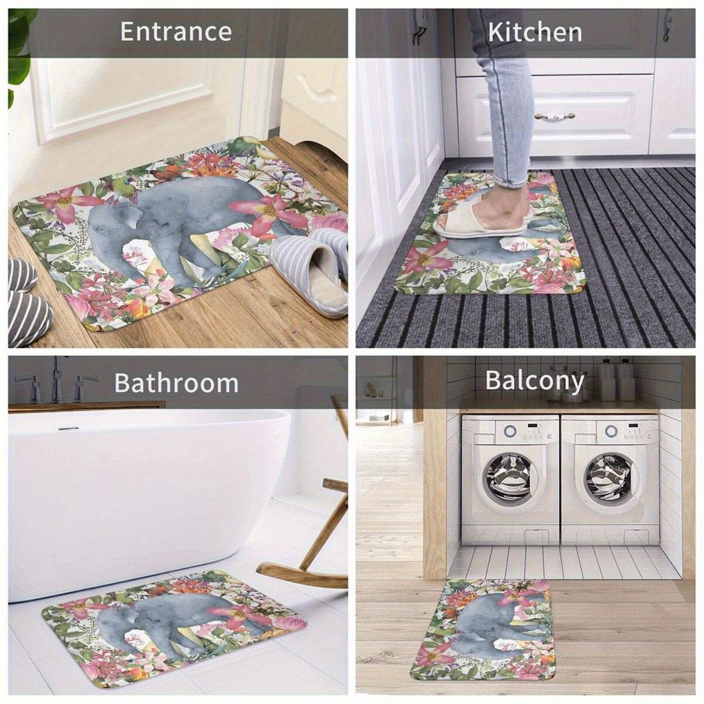 1pc Elephant Floral Jungle Plant Garden Doormat- Machine Washable, Lightweight Polyester Flannel Rectangular Mat, Suitable for B