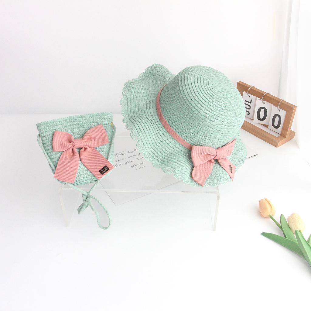 2026 New Summer Braided Children's Sunshade Straw Hat Lace Bow Braided Sun Hat Bag 2 Sets