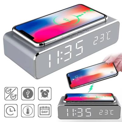 For iPhone Samsung Time Alarm Desk Table Clock Alarm LED Digital Date Thermometer Phone Wireless Charger Fast Charging Station