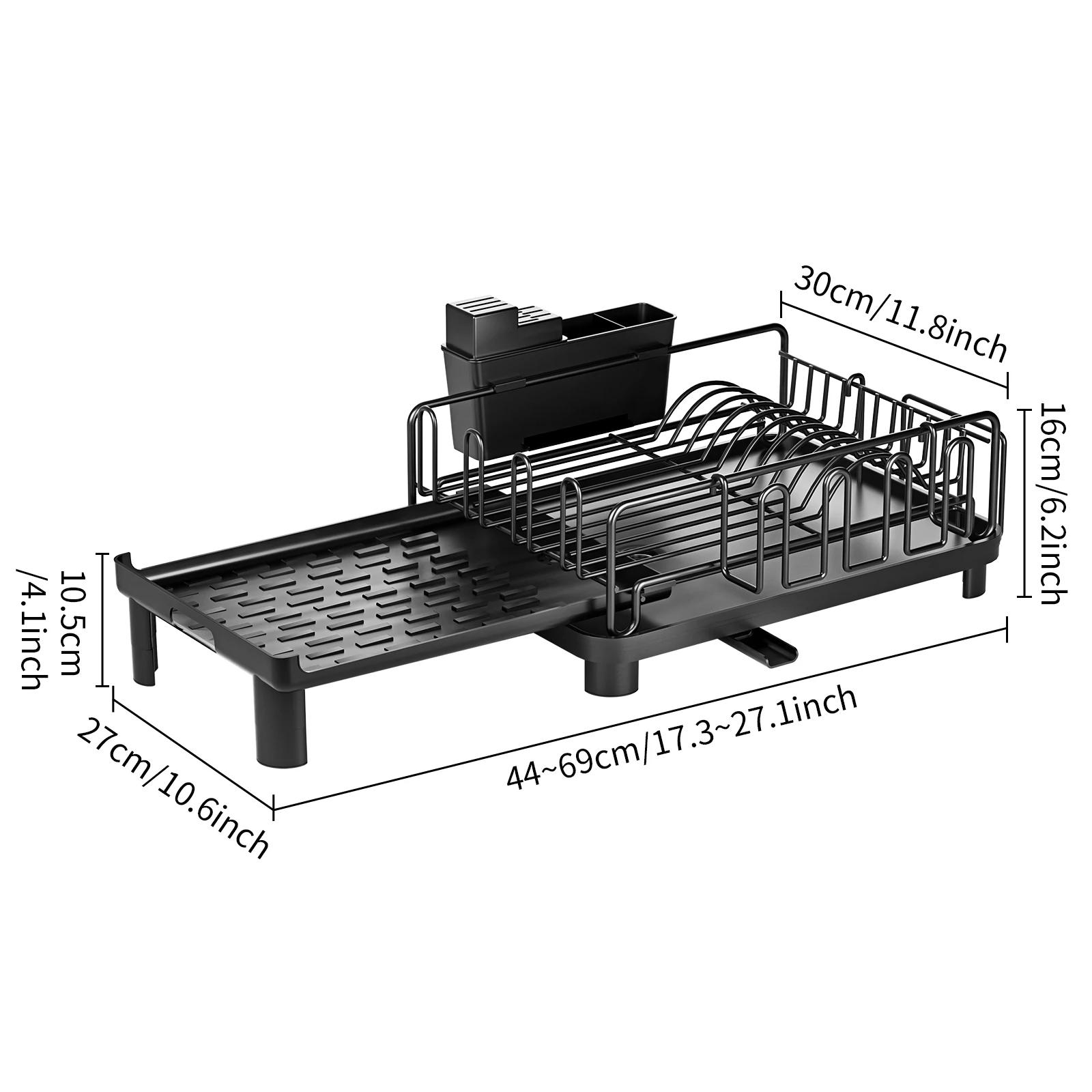 

Expandable Dish Drying Rack for Kitchen Sink, Countertop Storage Shelf with Drain Board, Space-Saving Black Tableware Holder