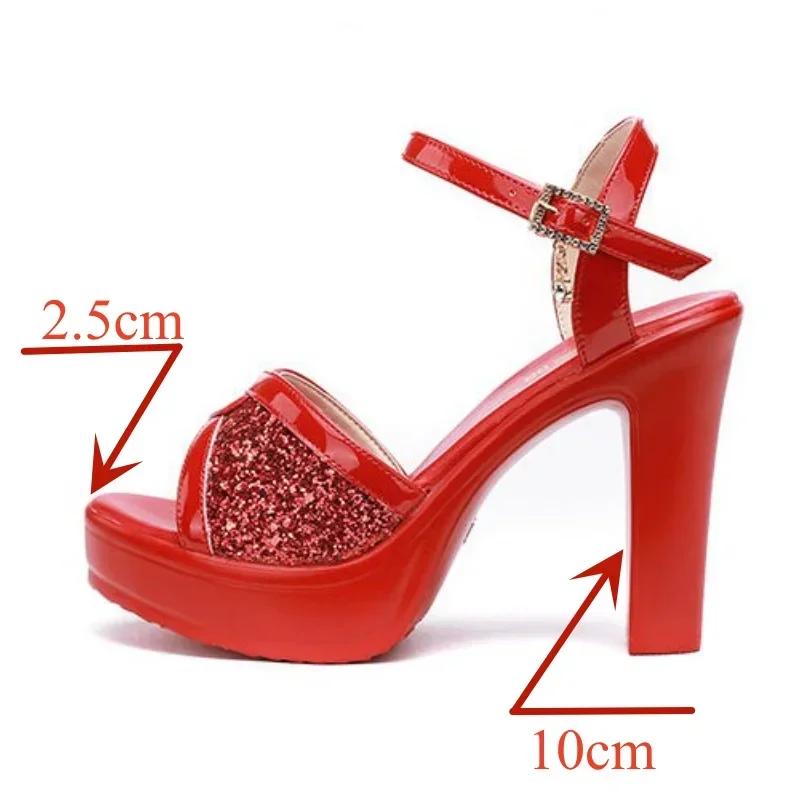 Small Size 32-43 White Red Bling Wedding Shoes Woman Block High Heels Sandals 2025 Summer Women's Platform Sandals Office Model