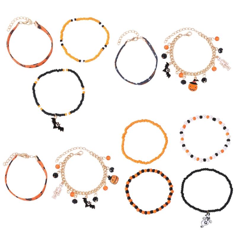 Halloween Beaded Bracelets Set Pumpkin Skull Bracelets for Women Jewelry Gift