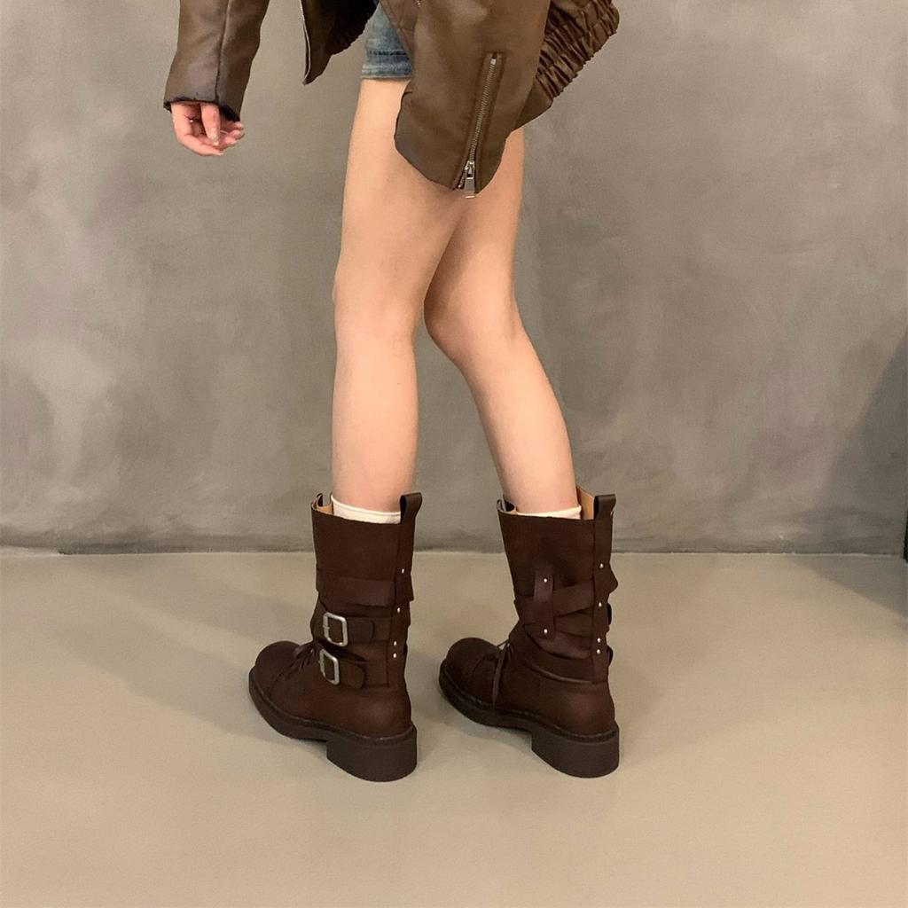 Svart brittisk Martin-känga med tjock sula damkängor 2025 höst retro brun Maillard mellanhöga riddarstövlar