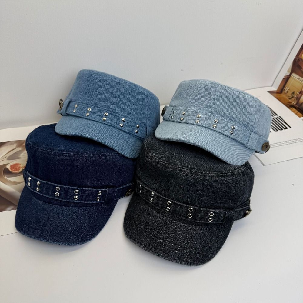 Washed Denim Rivet Flat Top Y2k Equestrian Hat Fashion Denim Octagonal Hat Travel