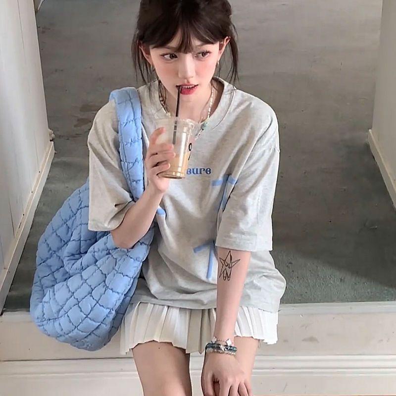 Aesthetic Vintage Short Sleeve T-shirt Women Summer Bow Elegant Loose Oversize Fashion Tops Female Grey Fashion Design Casual Pullover