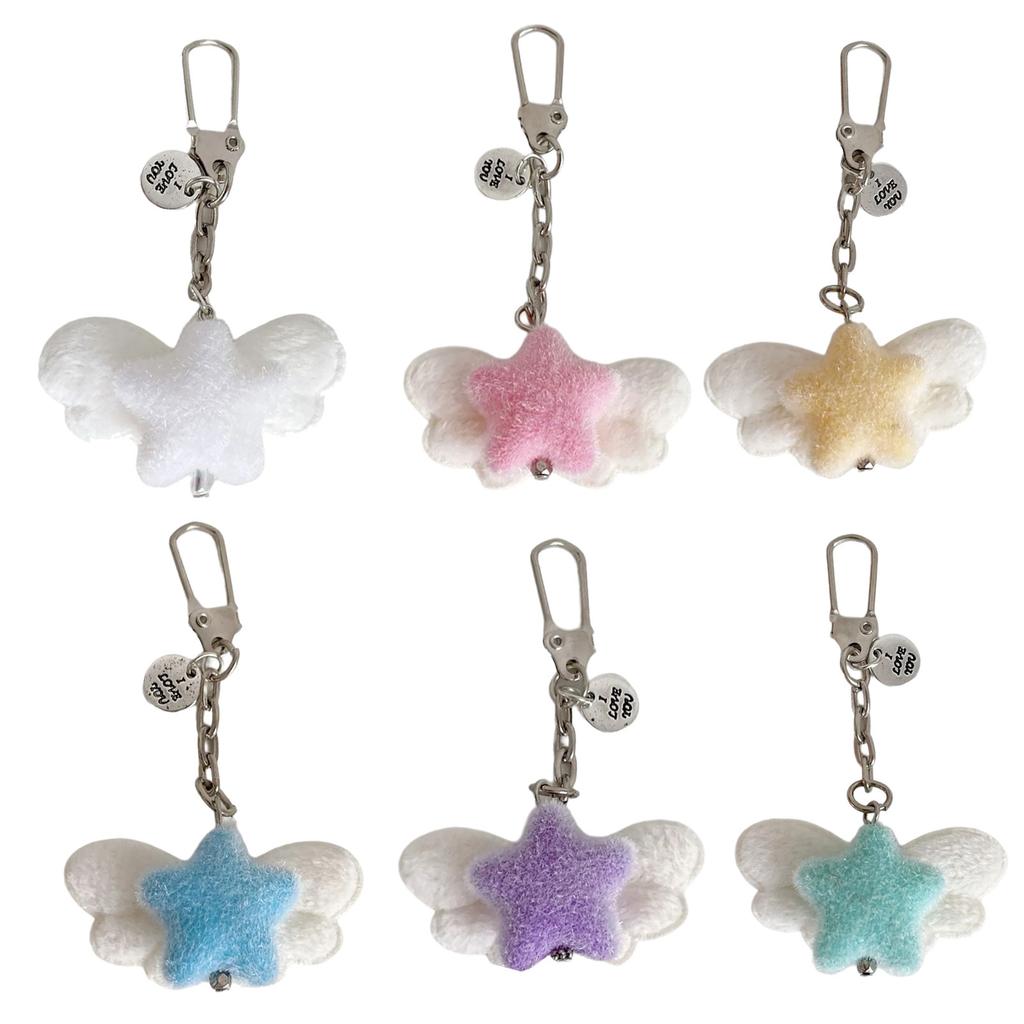 Fuzzy Flocking Star Keychain with Angel Wing Pendant Soft Stylish Fashionable Accessory For Phone Keys Bag Gift