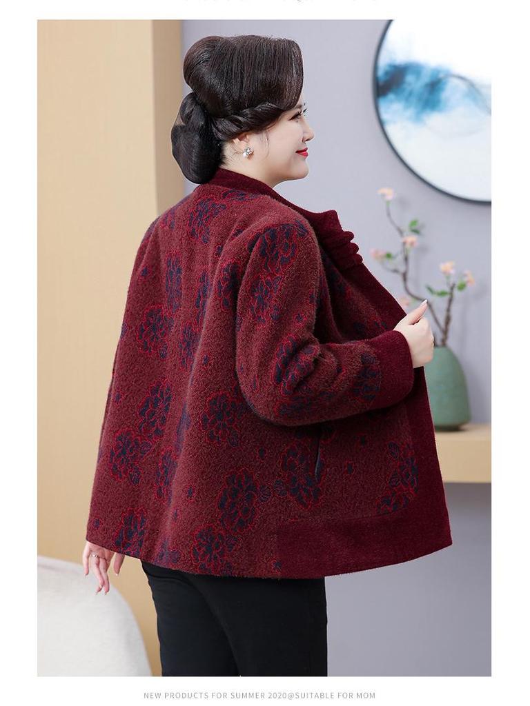 Stylish Plus Size Fleece-Lined Jacket for Middle-Aged and Elderly Women, Warm Cardigan for Moms, Fits Up To 200 Jin