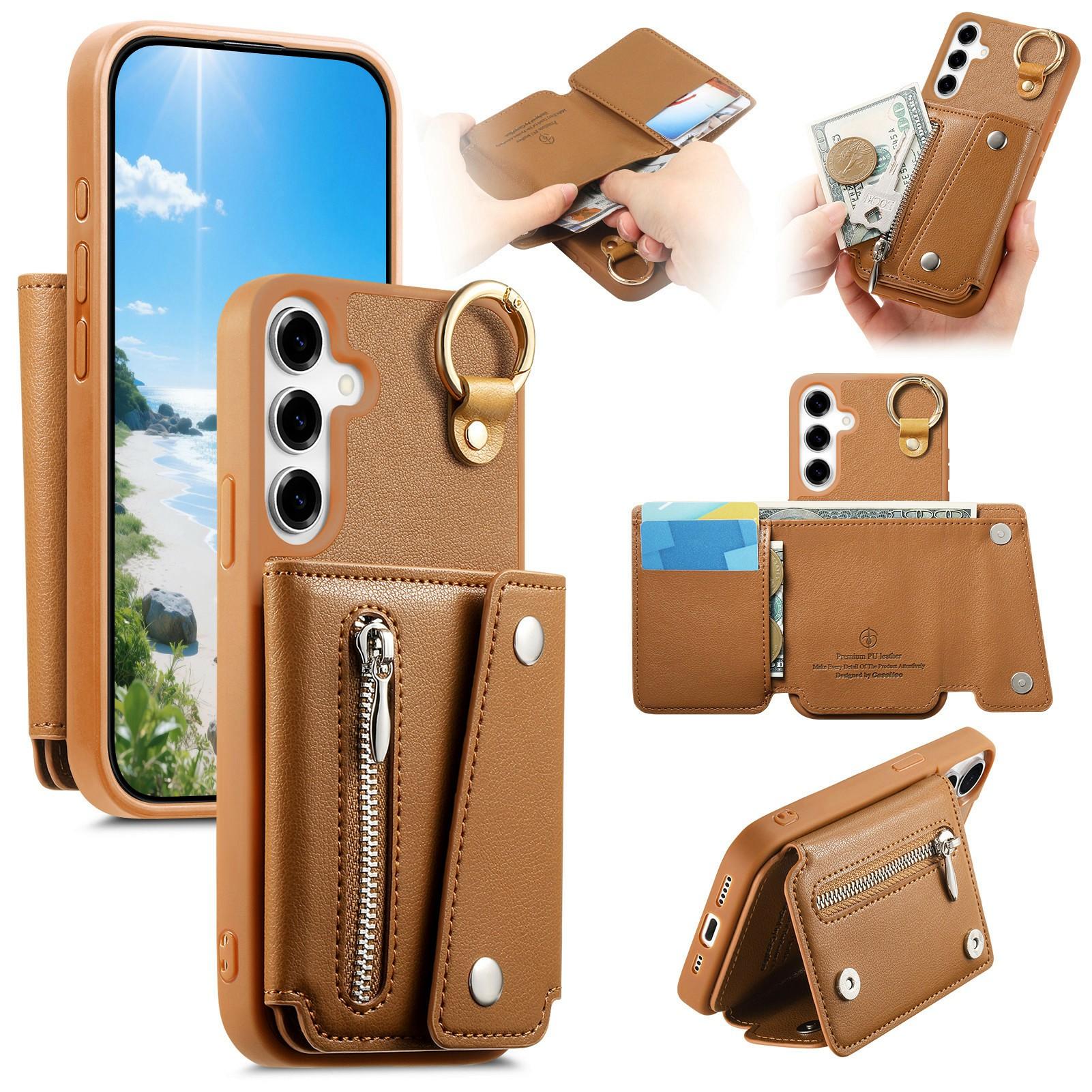 

For Samsung Galaxy S25 Case D-Ring Holder Leather + PC + TPU Phone Cover with Wallet Kickstand
