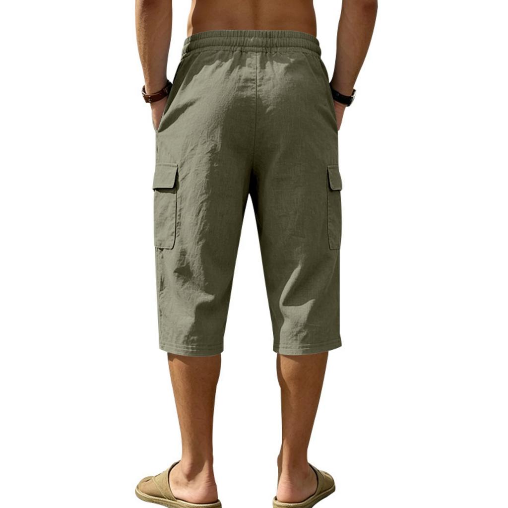 Men Linen Casual Outdoor Cargo Seven Shorts Multi Pocket Loose Fit Lightweight Drawstring Waist