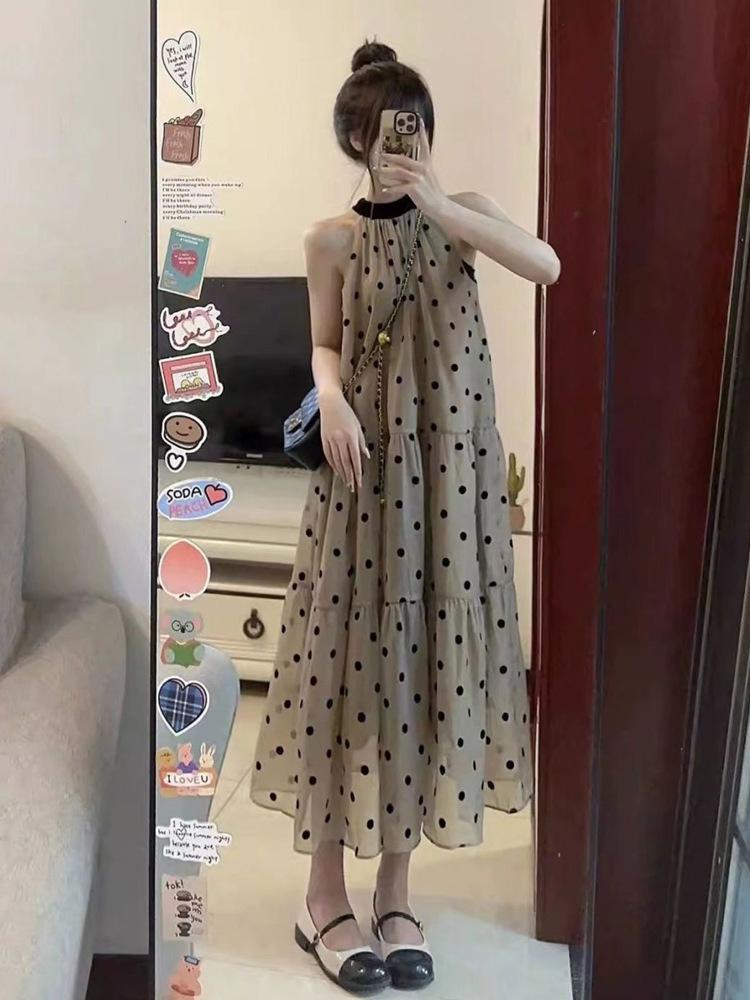 French Polka Dot Halter Neck Sleeveless Summer Maxi Dress for Women