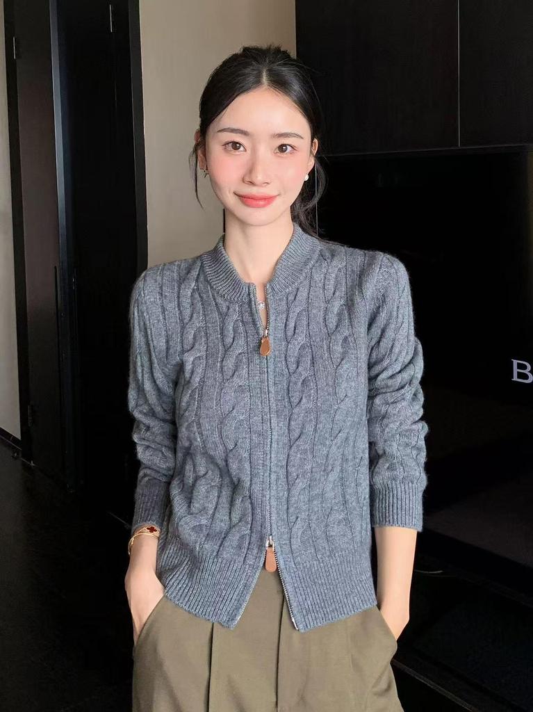 Classic Women's 100% Pure Wool Stand Collar Zipper Cardigan Sweater Coat
