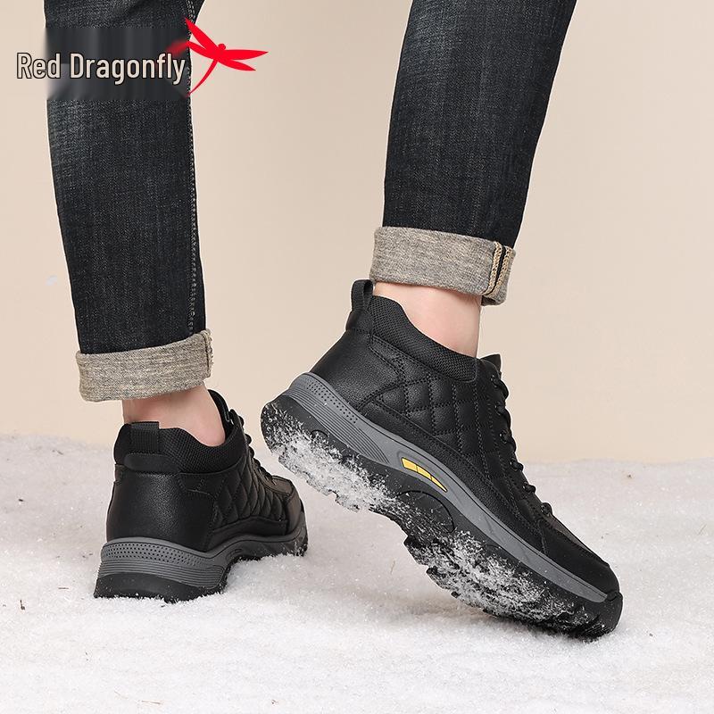 Red Dragonfly Men's High-Top Cold-Proof Winter Shoes - Warm Velvet Lining for Elderly and Middle-Aged Dads