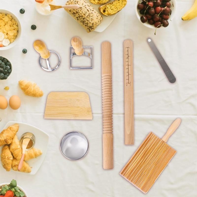 Wood Threaded Rolling Pin Pastas Tool Set Dough Scraper Gnocchi Board Dumpling Maker Ravioli Stamp Cutter Wood Texture