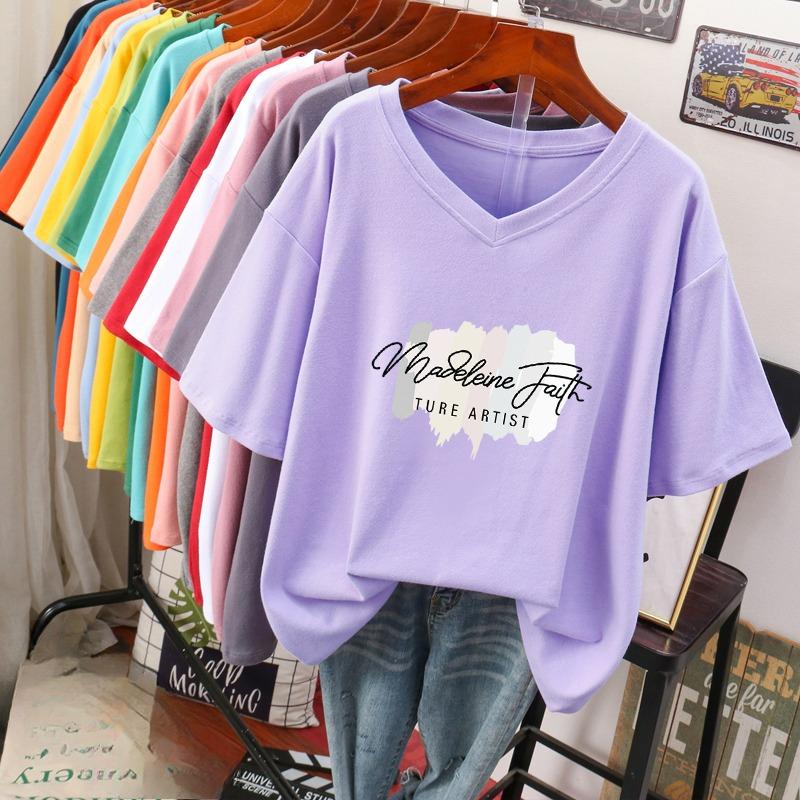 Tricou cu mânecă scurtă, Croială largă, Top subțiere cu gât în V imprimat pentru femei