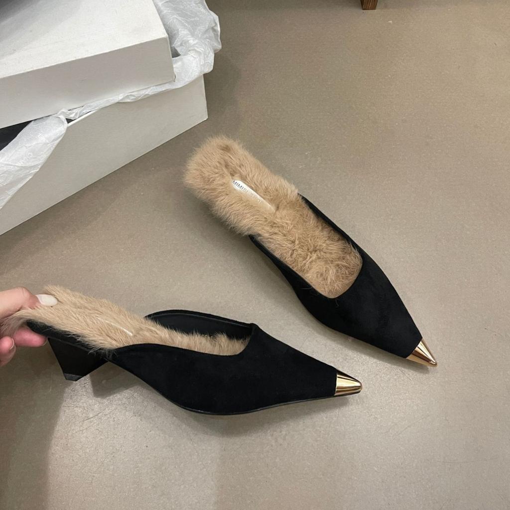 Baotou half-drag women's outer wear 2025 autumn new triangular thick heel medium heel fluffy shoes metal pointed low heel slippers