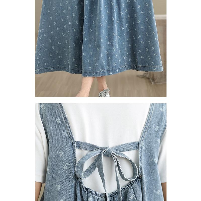 DIMANAF Women 2025 New Plus Size Summer Denim Dress Vintage Printing Loose Casual Basic Belt Dresses Maxi