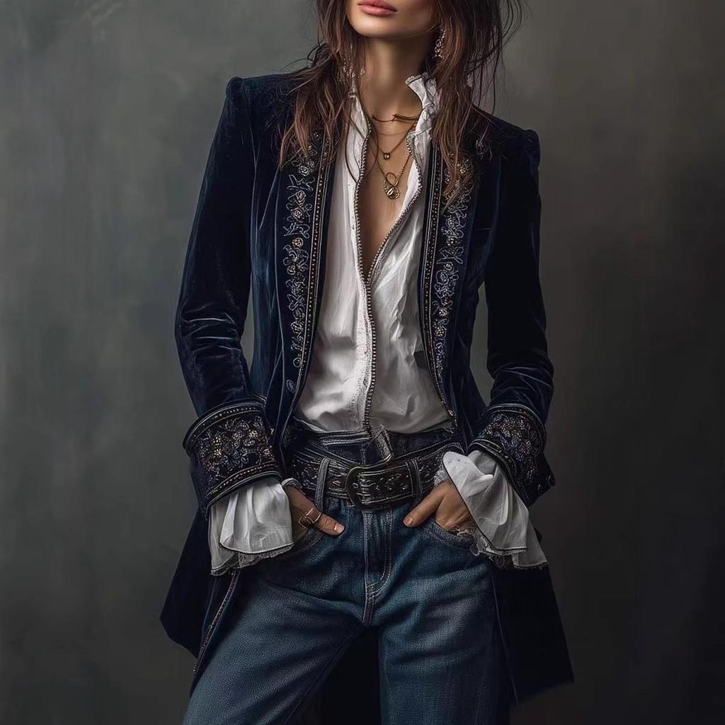 Women's European American Style Solid Color Patchwork Lace Velvet Long Sleeve Coat