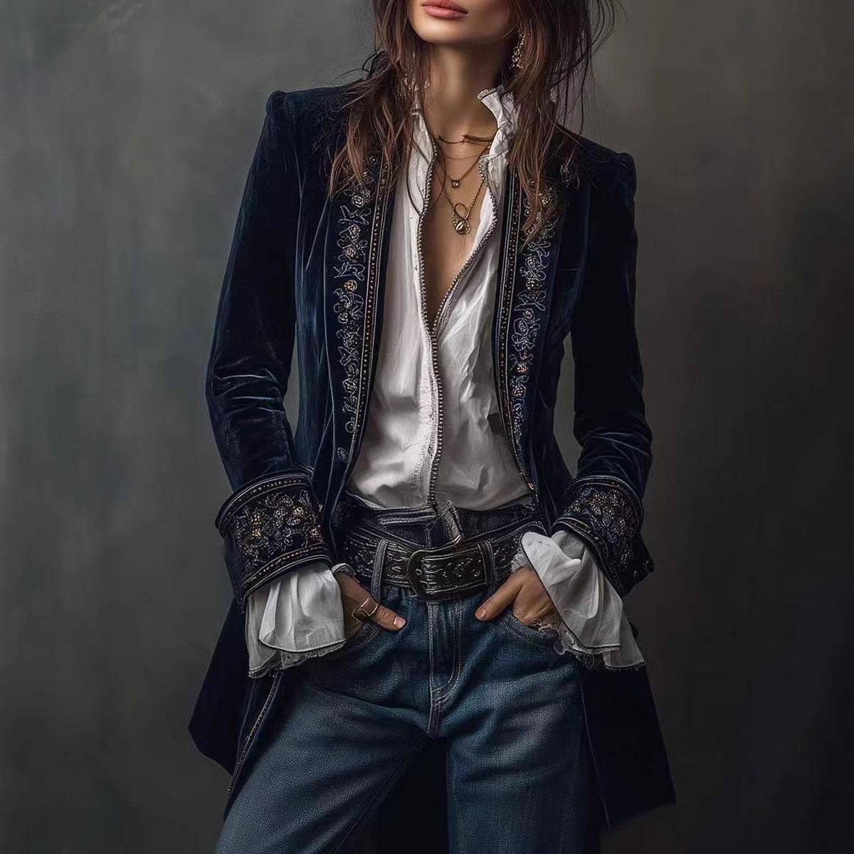 Women s European American Style Solid Color Patchwork Lace Velvet Long Sleeve Coat S тёмно-синий