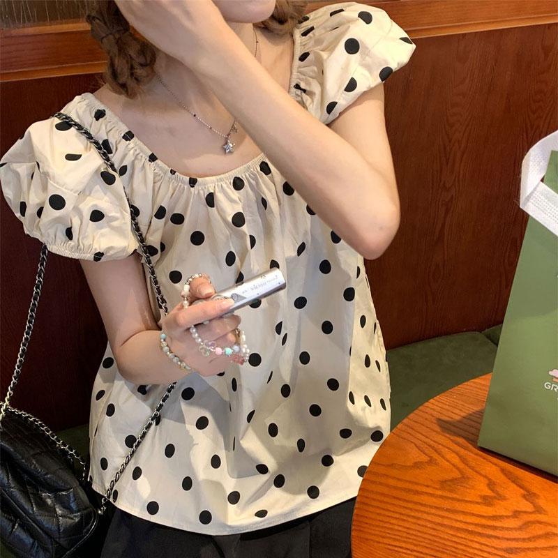 French Sweet Polka Dot Blouse Summer Fashionable Puff Sleeve Women's Casual Loose Round Folds Basic Shirts