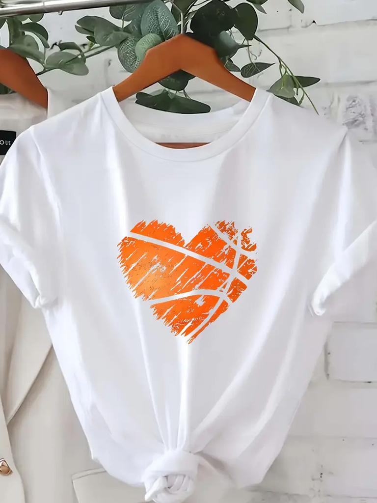 Top s rukávy v bílé barvě s oranžovo-žlutým designem tahů štětcem Dámské elegantní tričko s grafickým srdcem - Ležérní kulatý výstřih