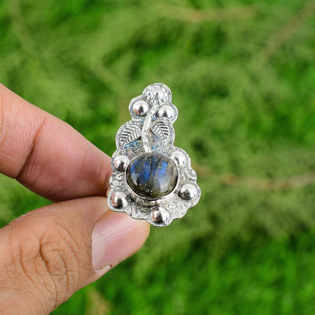 925 Sterling Silver Round Labradorite Stone Unique Birthday Flower Ring Jewelry