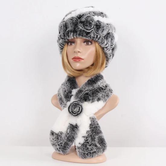 Hot Sale Lady Natural Fur Hats Scarves Sets Women Winter Knit Real Rex Rabbit Fur Hats Muffle 2 Pieces Real Fur Hat Scarf