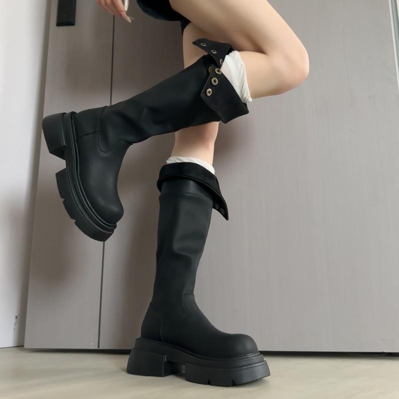 Zimní pouliční styl Dámské kozačky po koleno Módní platforma Boty se silnou podrážkou Dámské Punk Vintage Dlouhé kotníkové boty Zapatos De Muje