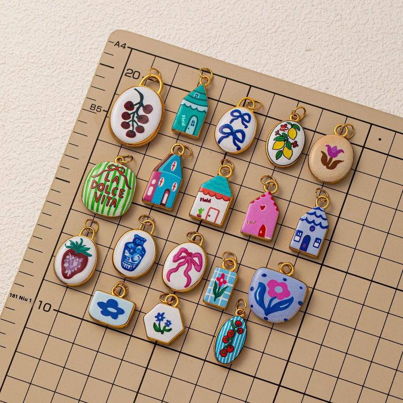 Fashion Oval Painted Oil Drop Pendant Cute Flower House Printing Charm For Jewelry Making Necklace Earring Hanging Accessories