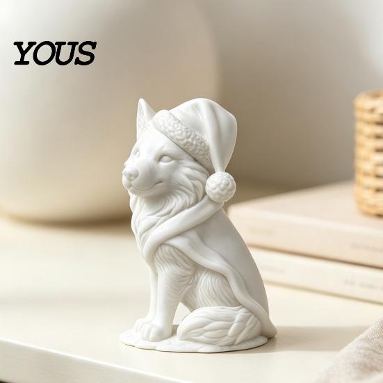 White Wolf Statue 3D Printed Figurine, Cute Christmas Animal with Santa Figurine Hat And Scarf for Tabletop, Mantel Shelf Home Office Decor