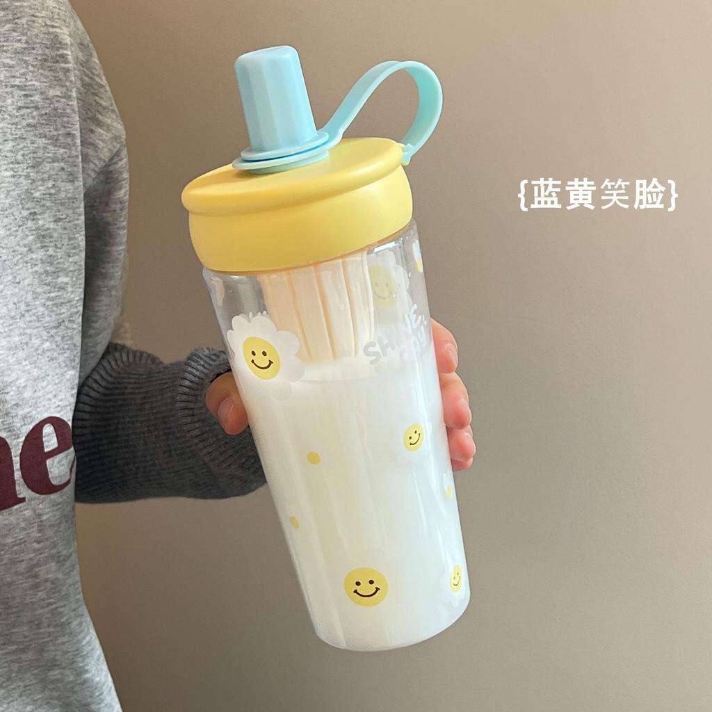 Water bottle straw cup student flower teacup water cup girls easy cup portable straw plastic cup large capacity summer cup