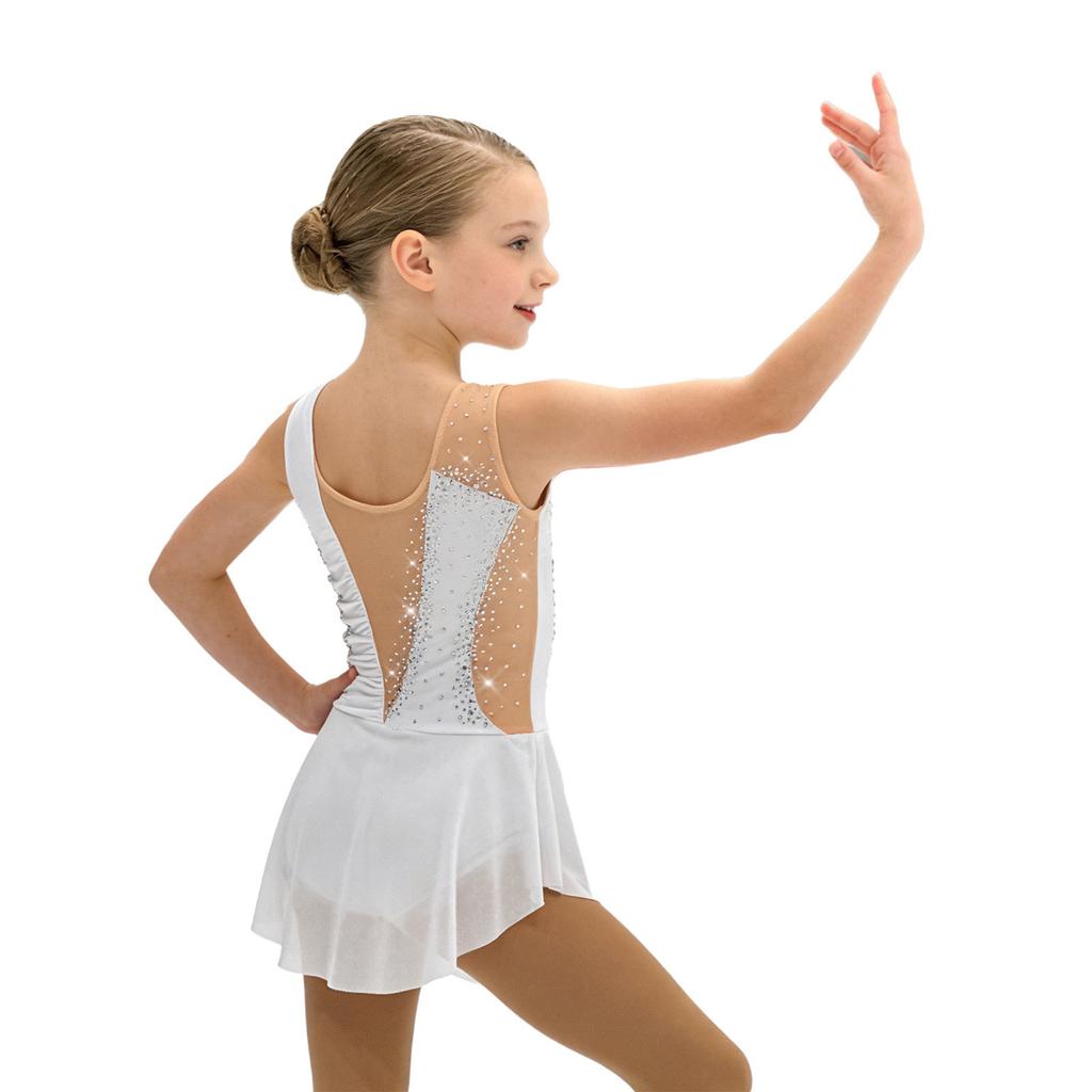 Girls Figure Skating Dress Sleeveless Sparkly Rhinestones Ruched Mesh Built In Briefs Dancewear