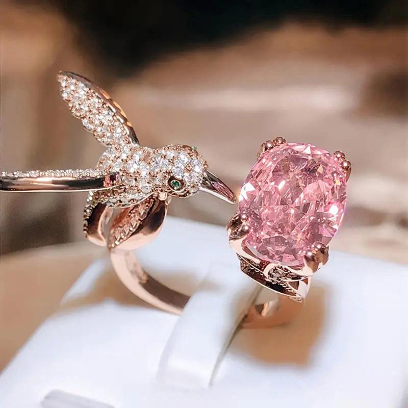 Luxury Hummingbird Animal Opening Ring Female Rose Gold Color Pink Zirconia Finger Accessories Party Adjustable Jewelry