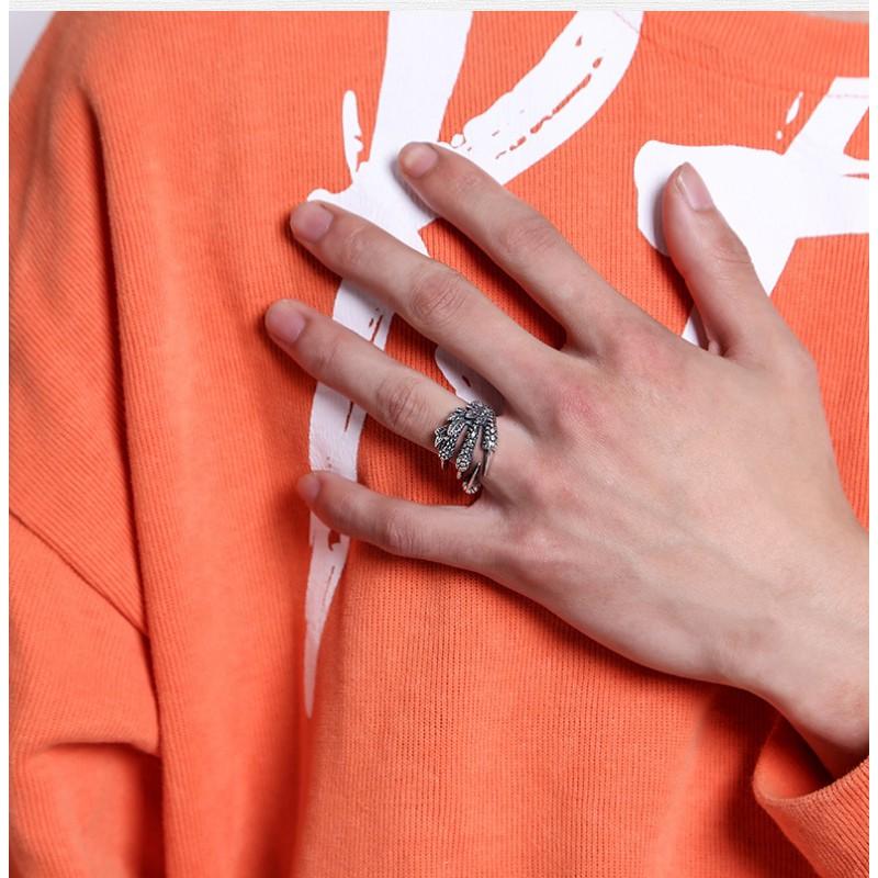 Adjustable Open Ring Men Women Sterling Dragon Claw Design Vintage Retro Statement Jewelry