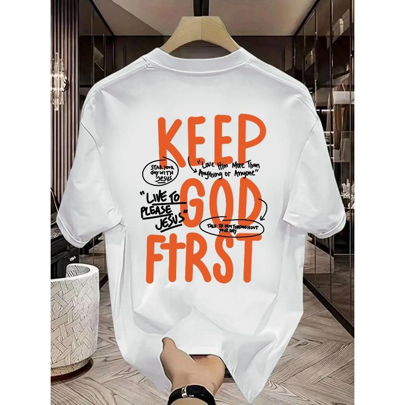 

European sizes Keep God First Crew neck Printed T-Shirt Comfortable Casual Cool shirt for Men Stylish Trendy Tee Tops 4XL білий