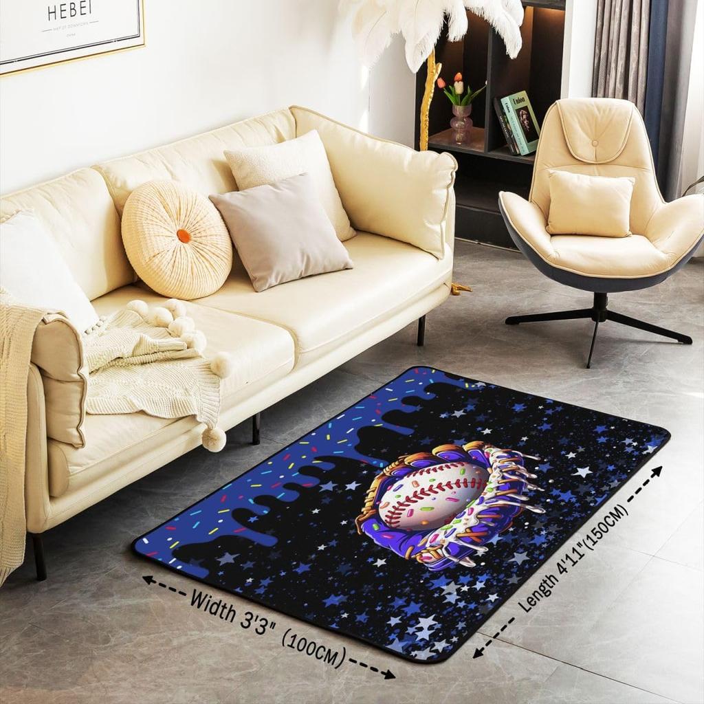 Erosebridal Navy Blue Baseball Ice Cream Area Rug 4'11" X 3'3" Ice Cream Drip Living Room Rugs Non Slip Baseball Glove Decorative Carpets Cu