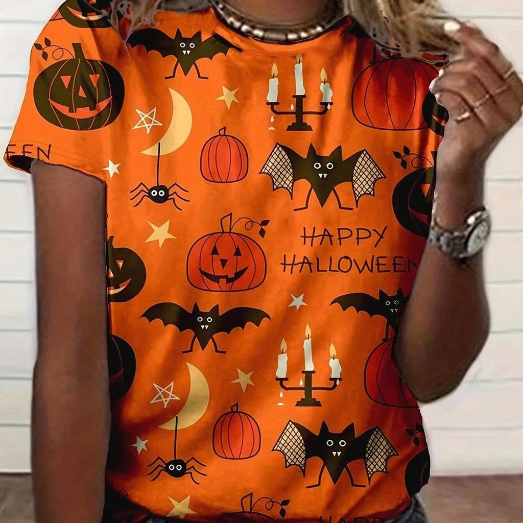 Halloween Pumpkins & Cat Graphic Print Women's T-shirt Female Tees Oversized T-Shirt Summer Women Clothing Short Sleeve Fashion