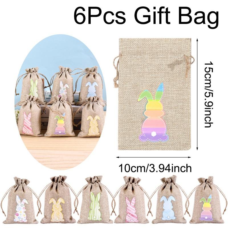 

6Pcs Easter Linen Gift Bag Bunny Candy Cookie Packing Bag Spring Easter Party Favor Supplies Kids Candy Gifts Easter Decor 2026 as picture