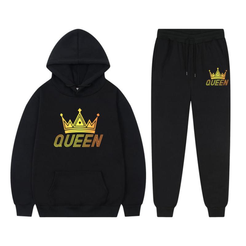 Long Sleeved Tracksuit QUEEN KING Print Lover Couple Outfits Fleece Hoodie Sweatpants Oversized Sweatshirt Pants Suit Men Clothe