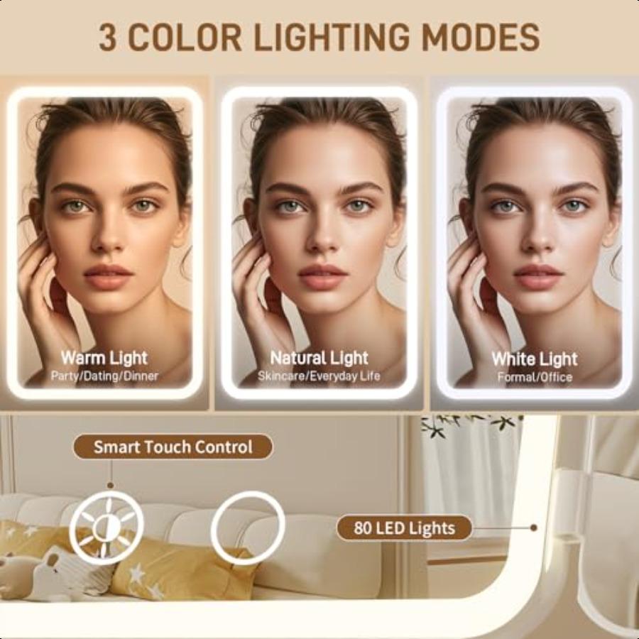 Vanity Mirror with Lights Rechargeable Lighted Makeup Mirror with 1X 3X 5X Magnification Smart Touch 3 Colors Dimmable Portable