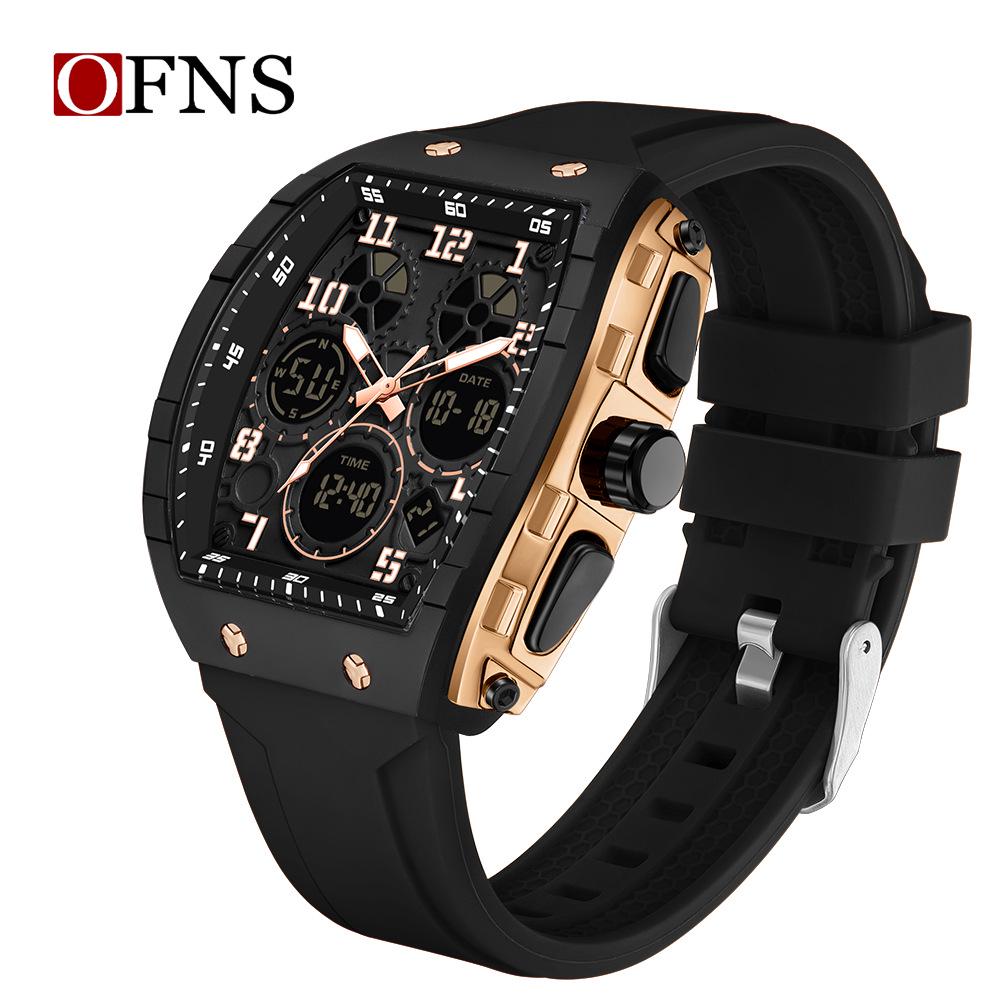 OFNS Barrel-Shaped Sports Wristwatch: Waterproof, Multifunctional, Luminous, Dual Time Zone, Electronic Student Watch.