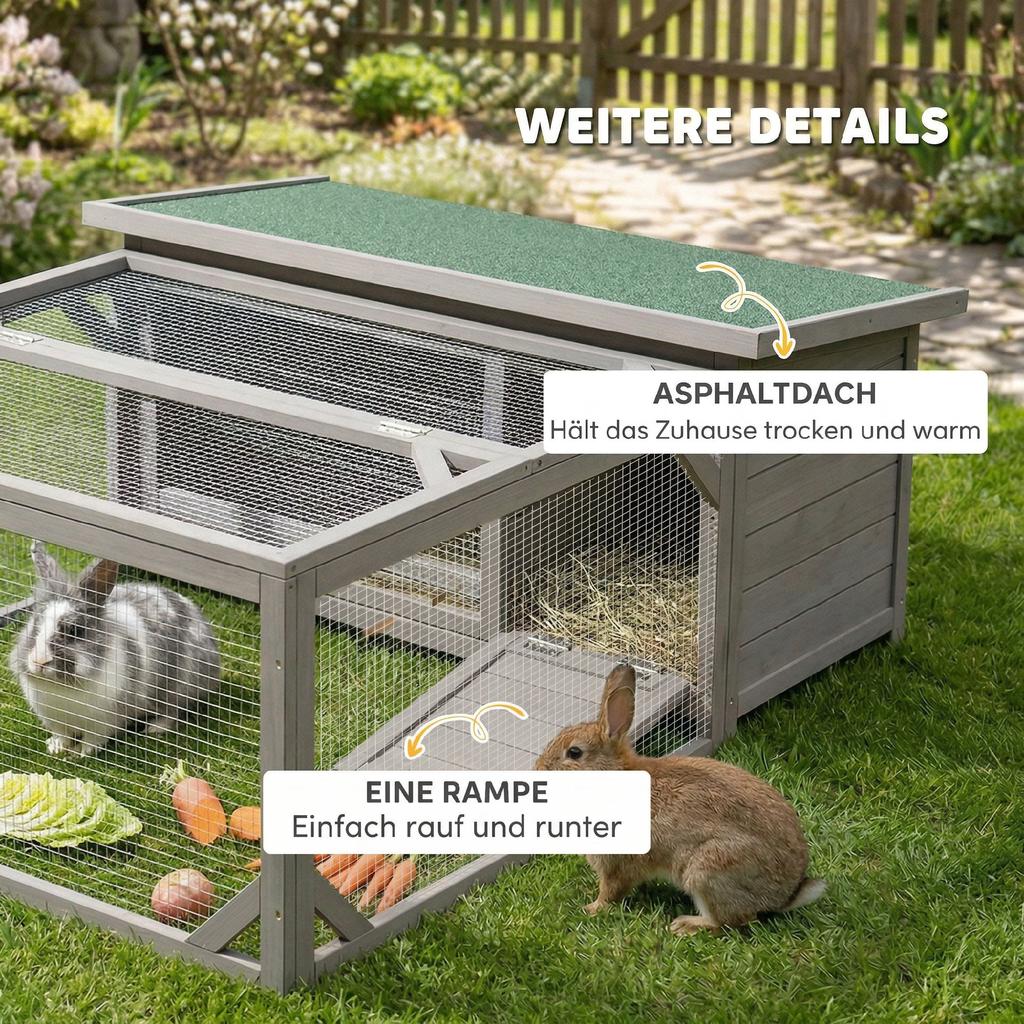 Rabbit Hutch Rabbit Cage Wood Rabbit Cage with Hinged Bitumen Roof, Run Enclosure, Doors 125,5x100x49 Cm Grey