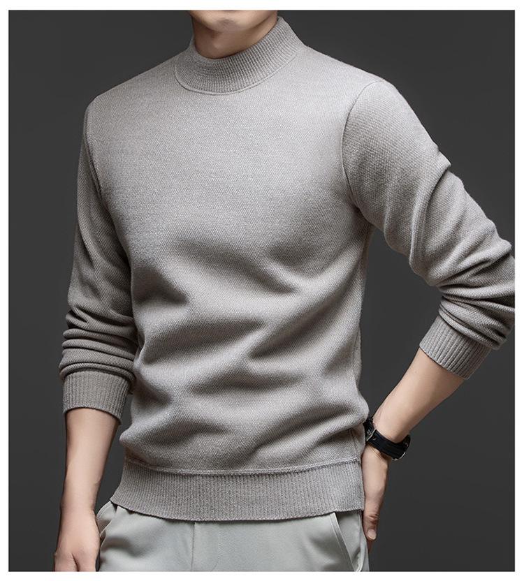 Men's Fleece-Lined Half-High Neck Sweater: Warm, Thick, Knitted Pullover for Autumn & Winter.