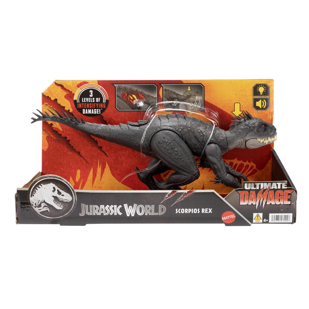 Mattel Jurassic World Damaged! Light-Up Scorpio Rex Kids Figure Dinosaur Toy, Large, Moving, Approx. 36.9 Cm, Ages 4 and Up, Black, JCG25