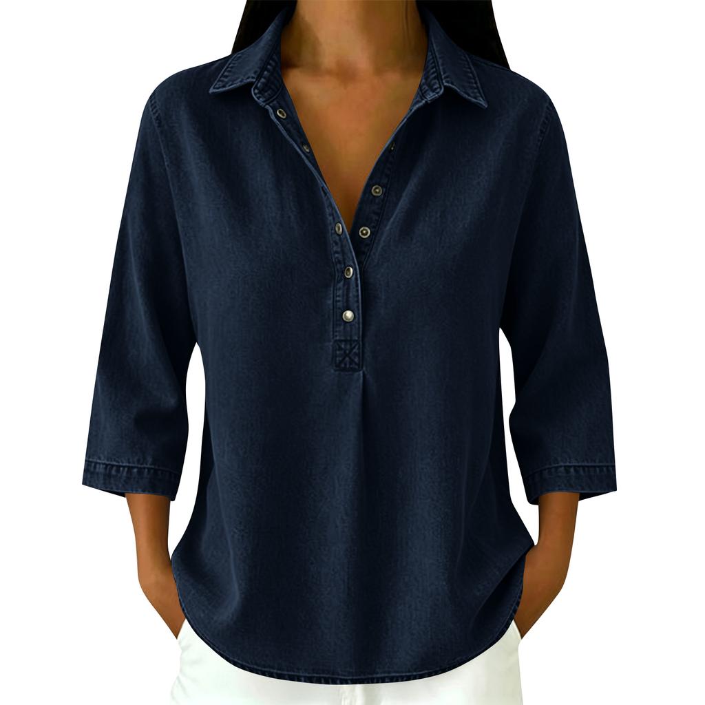 Women's loose-fitting seven-button denim blouse with decorative buttons