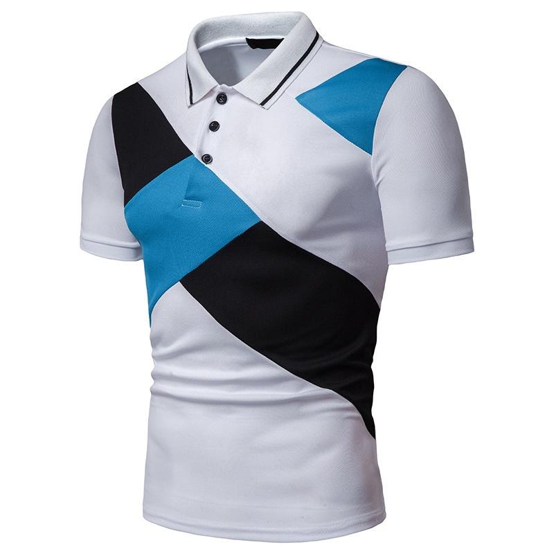 Classic Men's Lapel Tee Top Short Sleeve Splicing T Shirt With Premium Cotton Blend