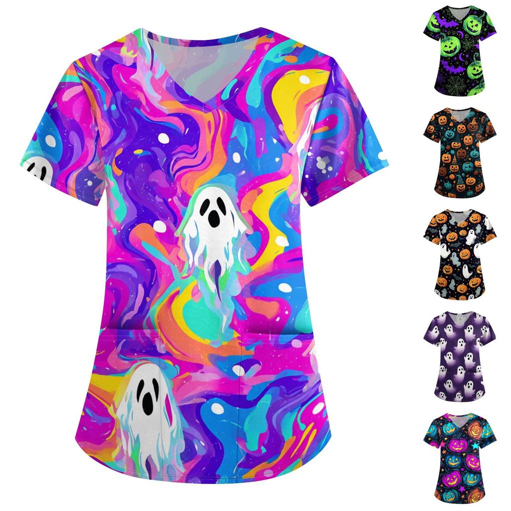 Women's Halloween Printed V-Neck Short Sleeve Scrub Top with Pockets Loose Fit