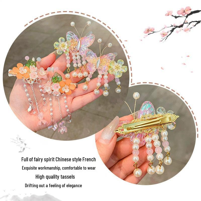 Children's Traditional Hanfu Headdress Hair Clips with Tassels - Handmade Pair for Girls