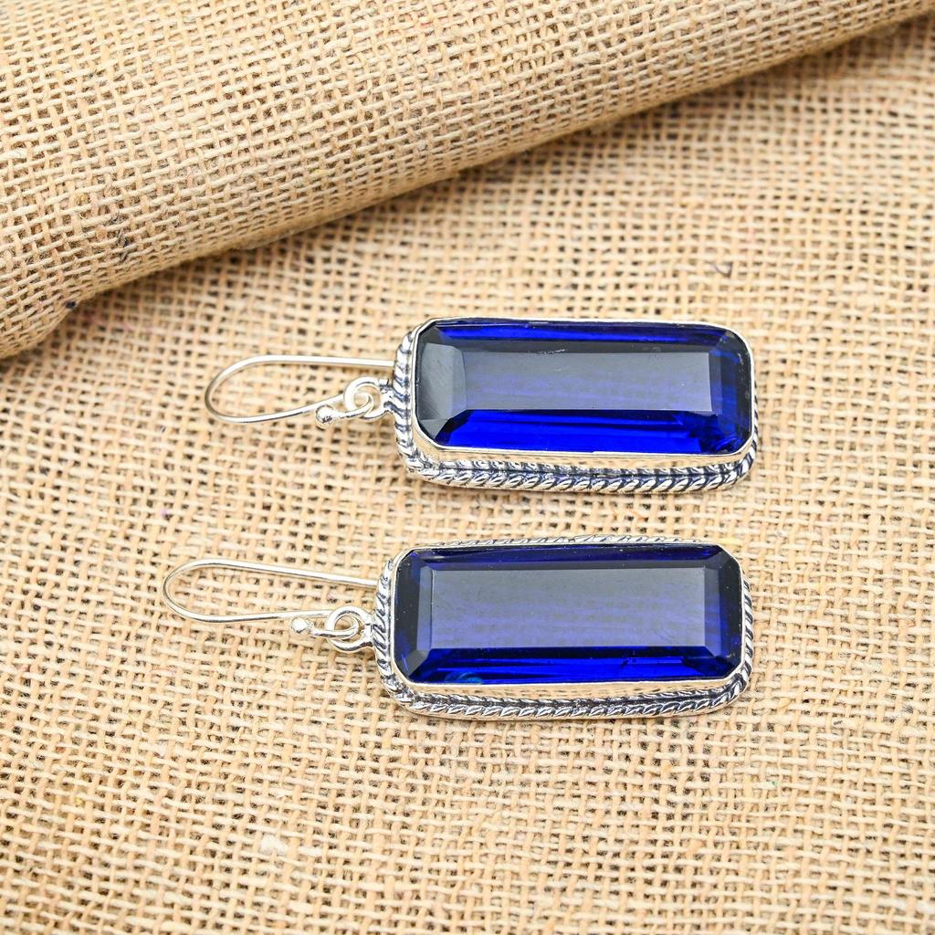 Blue Sapphire Lab-skapade ädelsten handgjorda 925 solid sterling silver smycken örhängen